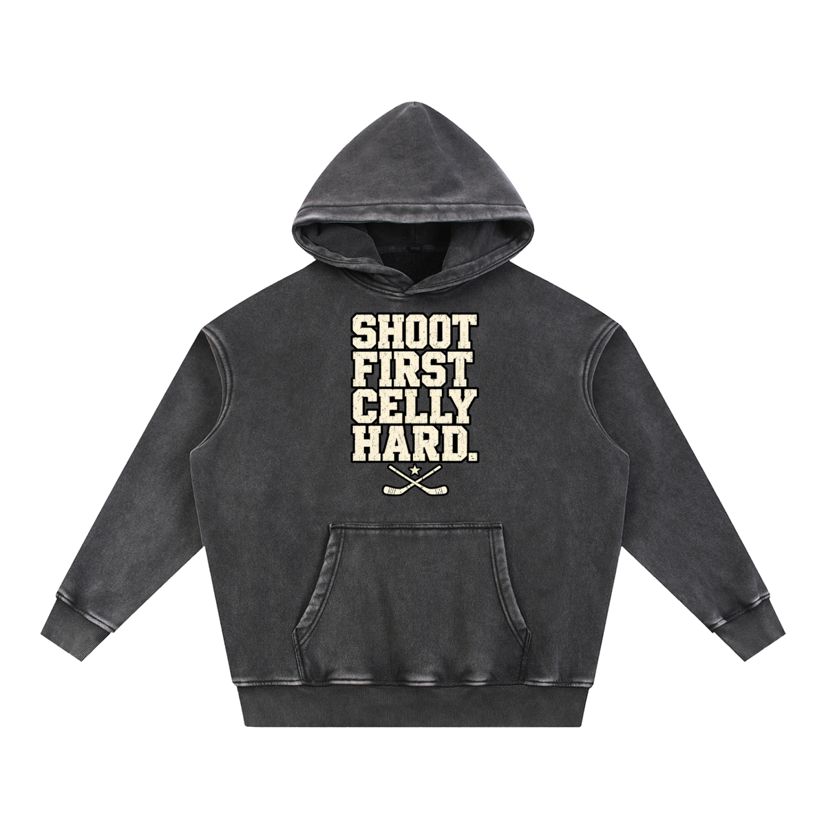 Women’s Shoot First. Celly Hard. Snow-Wash Oversized Hoodie — Black