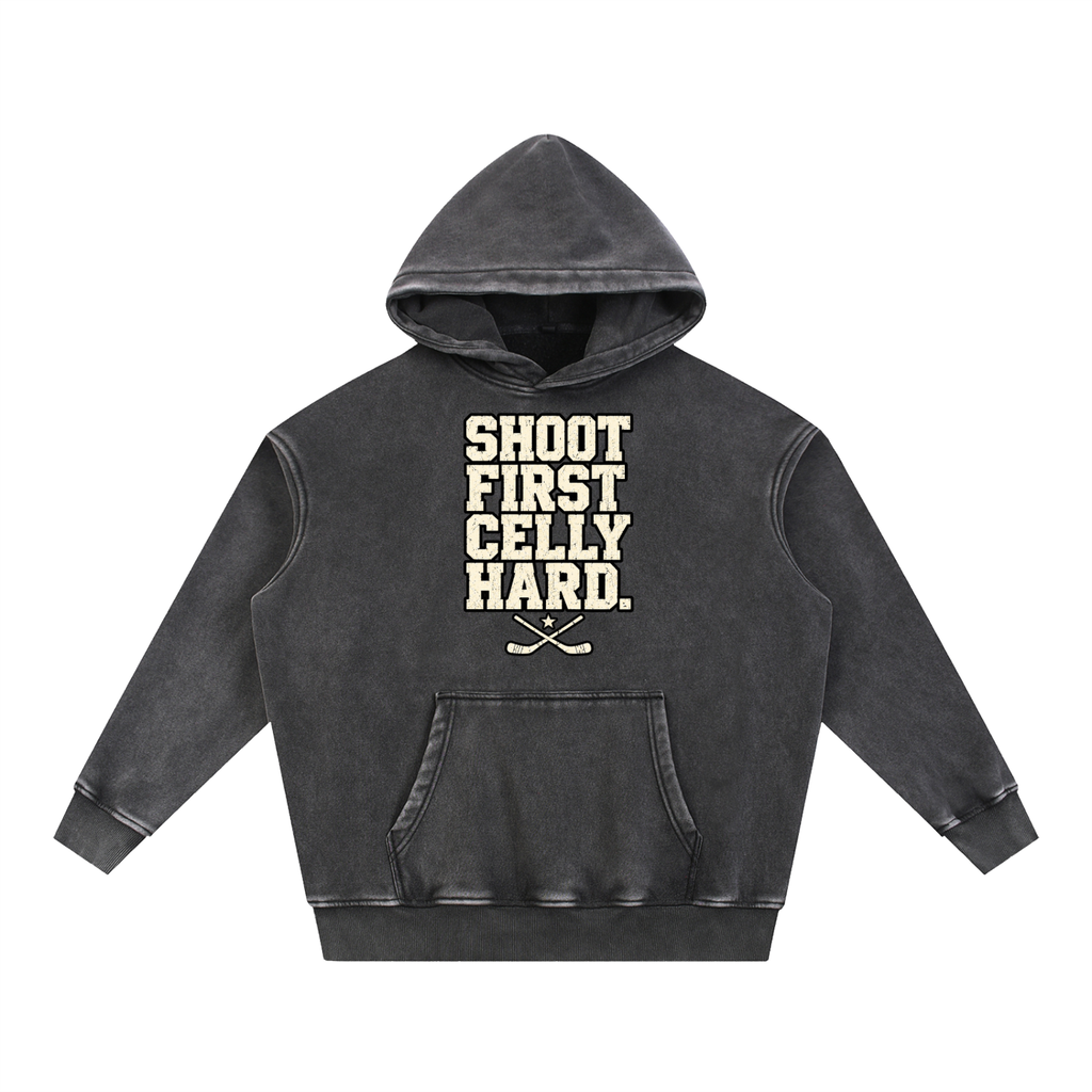 Women’s Shoot First. Celly Hard. Snow-Wash Oversized Hoodie — Black