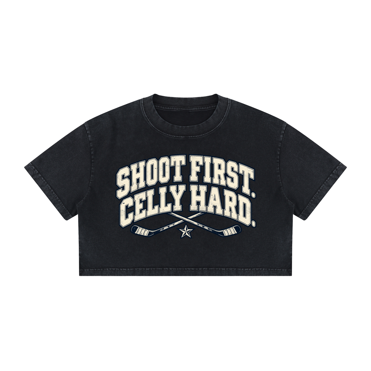 Shoot First. Celly Hard. Mineral Wash Crop Tee
