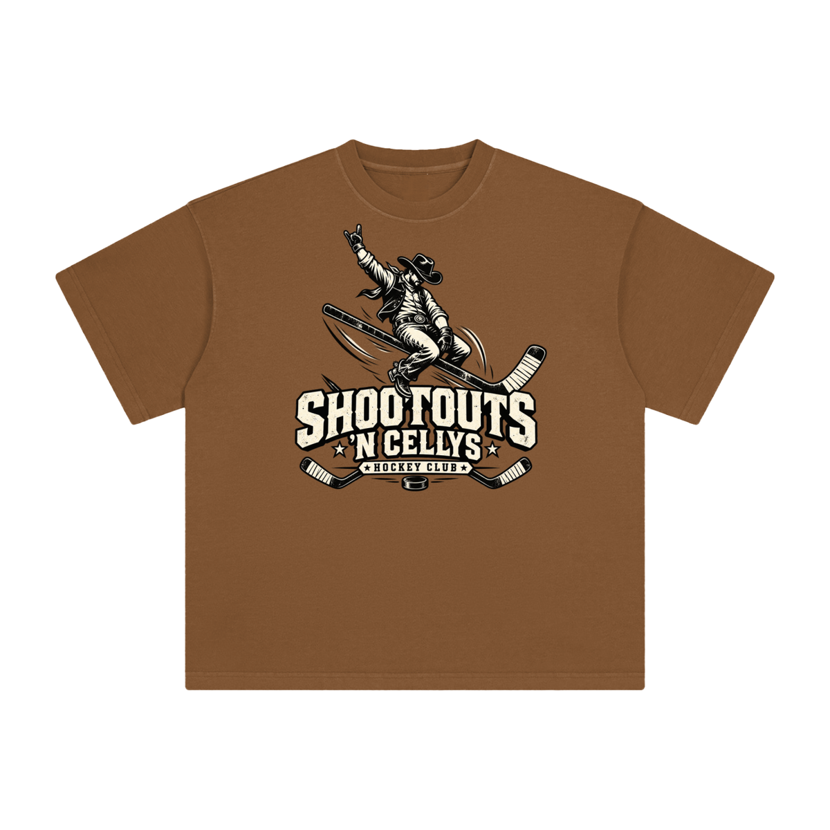 Shootouts ’N Cellys Men’s Vintage Washed Tee — Coffee
